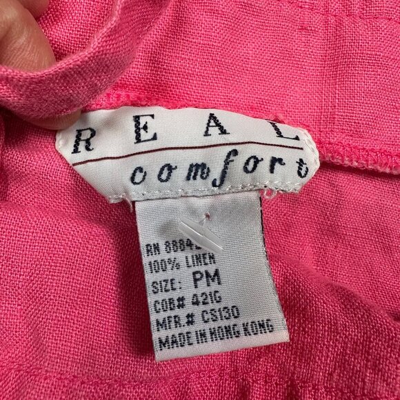 Real Comfort Vintage Bright Pink Apron Dress 100% Linen Petite Medium Cottage - Picture 5 of 5